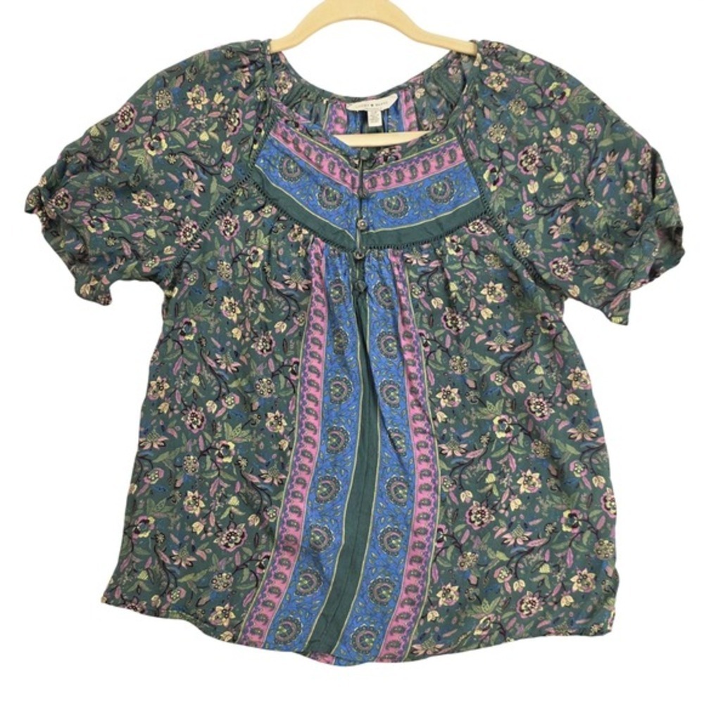 Lucky Brand Womens‎ Small S  Green Floral Paisley Boho Blouse Short Puff Sleeve